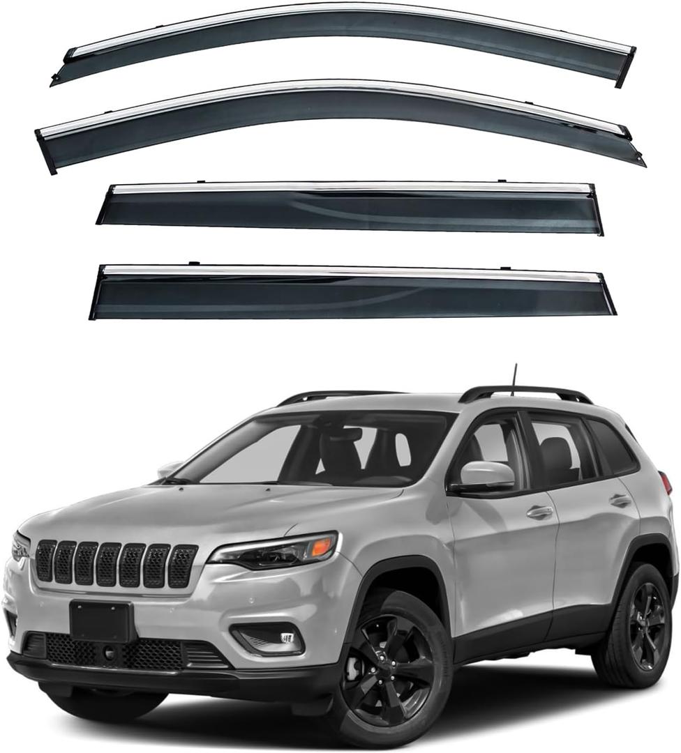 4pcs Smoke Tint with Chrome Trim Outside Mount Tape On/Clip On Style PVC Sun Rain Guard Vent Window Visors Compatible with 14-23 Cherokee