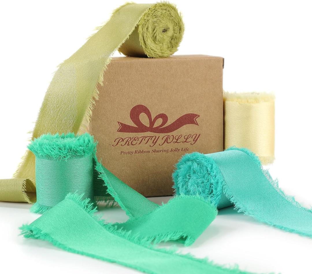 Pretty Jolly Blue Green Silk Satin Ribbon for Flower Bouquet 4 Rolls 1 Inch x 5Yd Handmade Frayed Fabric Ribbons for Gift Wrapping,Crafts,Baby Shower,Wedding Invitations,Hair Bows and Holiday Decor