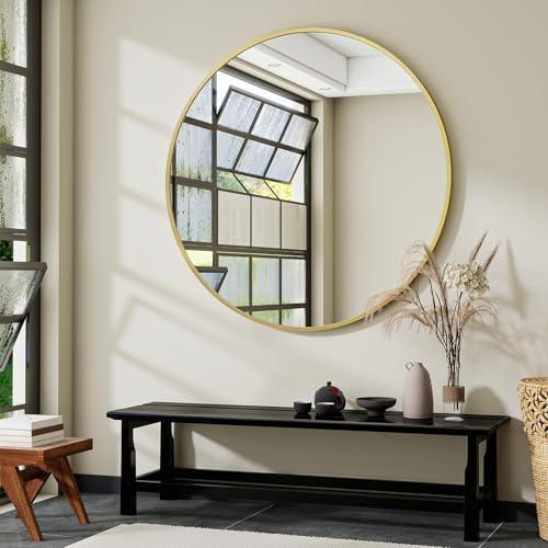 VooBang Large Gold Round Bathroom Mirror 48" with Thin Metal Frame | Circle Wall Mounted Mirror Hanging or Leaning Decor for Hallway, Entryway, Fireplace Mantel, Living Room