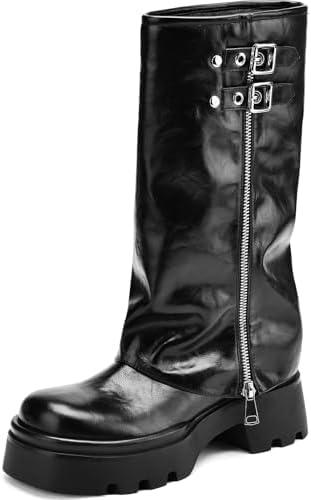 TEAIEUI Women's Knee High Riding Boots Chunky Platform Low Heel Round Toe Moto Boots Slouchy Fold Over Wide Calf Motorcycle Biker Boots for Women with Buckle, Size: 7