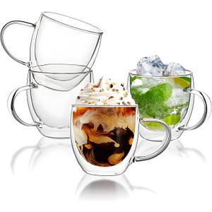 YMMIND Set of 4 Double Walled Glass Coffee Mugs 8 Ounces Insulated Layer Coffee Cups with Handle Borosilicate Glass Espresso Cup for Hot Beverage,Cappuccino,Tea,Latte,Wine,Microwave Safe