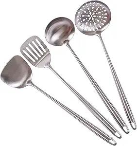 17 Wok Spatula and Ladle - 304 Stainless Steel Wok Tools Set, 5-Pieces Extra Long Handle Cooking Tools, All Metal Wok Utensils and Wok Accessories for Cast Iron/Carbon Steel Wok
