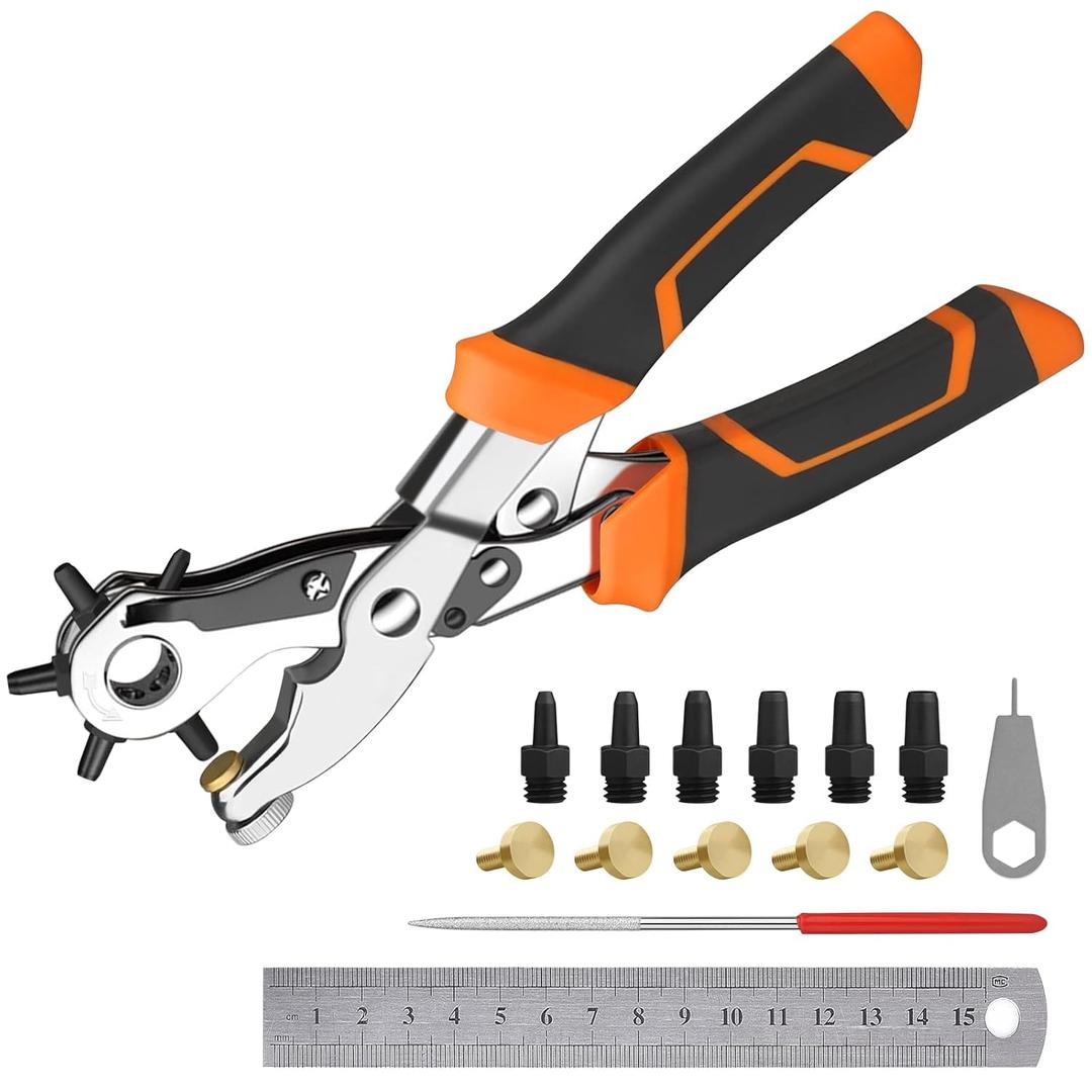 Heavy Duty Revolving Punch Plier Kit, Diyife Leather Hole Punch Set with 5 Replaceable Base, 6 Punching Head, Multi-Size for Belts, Watch Bands, Saddles, Rubber, Craft Projects or DIY Home