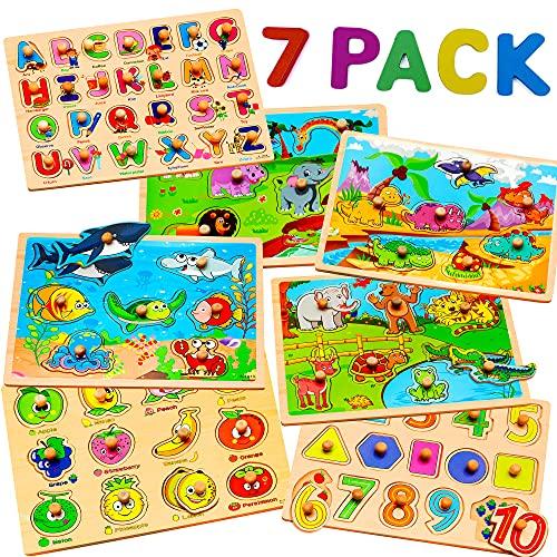 5 Pack Wooden Puzzles for Toddlers 2 3 4 5 Years Old - 7 Colorful Chunky Wood Peg Puzzles for Kids Ages 2-5, Alphabet Shape Numbers Fruits Sea Animals Dinosaur Zoo - Educational Toddler Learning Toys