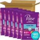 Poise Ultra Thin Incontinence Pads & Postpartum Pads for Bladder Leaks, 5 Drop Maximum Absorbency, Long Length, 180 Count