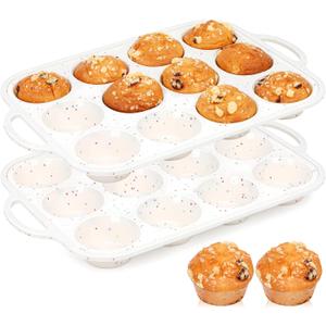 2 Pcs Silicone Muffin Pan for Baking with Metal Frame, Nonstick 12 Cup Regular Size Cupcake Pan, Silicone Muffin Tray for Egg Bites (Cream)