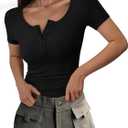 PRETTYGARDEN Women's 2026 Summer Short Sleeve Tops Ribbed Henley Button Slim Fit Basic Casual T Shirts Blouse Fashion Clothing (Large, Black)