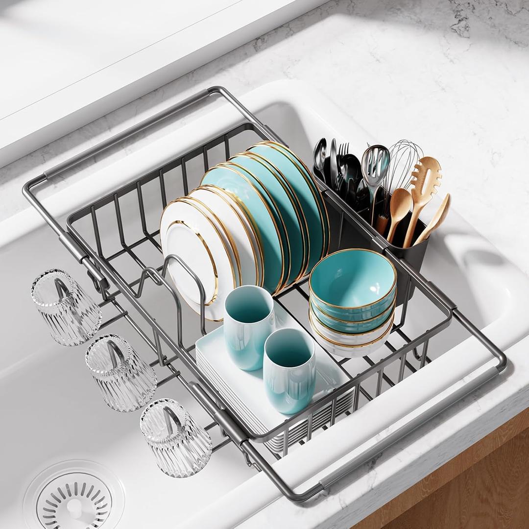 Sakugi Dish Drying Rack in Sink - Expandable Stainless Steel Dish Rack Over the Sink, Kitchen Sink Drain Strainer with Cutlery Holder & Cup Holders, 15.4 x 9.8 x 3.0 Inch, Grey (Gray)