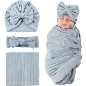 OMUKY Newborn Receiving Blanket Bow Headband and Beanie Set Baby Swaddle Receiving Blankets Baby Boy Girls Nursery Swaddle Wrap(Blue)