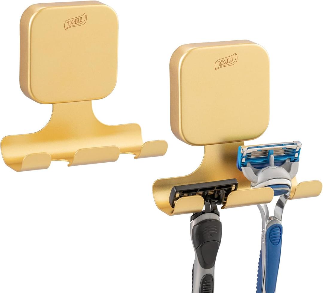 TAILI Powerful Suction Cup Razor Holder 2 Pack, Stylish 304 Stainless Steel Bathroom Suction Hooks for Towel, Loofah, Bathrobe, Shaver Holder for Shower Wall, Easy to Install and Reuse, Gold