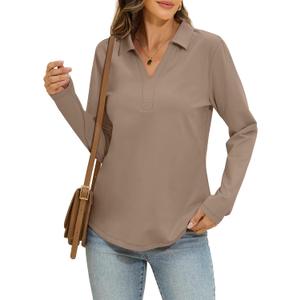 Womens Cotton Long Sleeve Polo Shirts Business Casual V Neck Collared Tops Loose Fit Work Blouses Fall Outfits 2025 (Small, Khaki)
