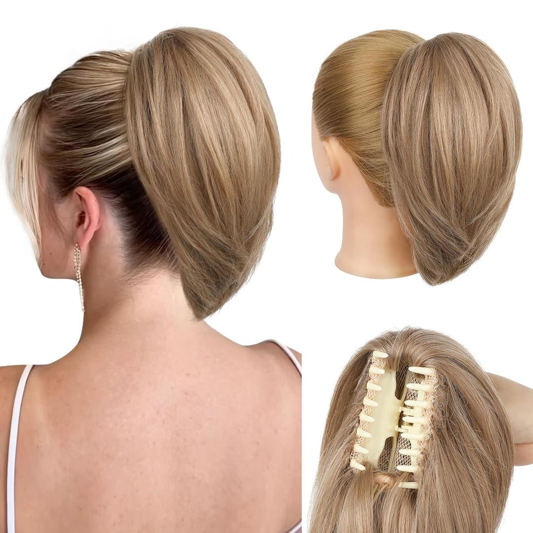 Ponytail Extension - 10" Short Claw Clip in Ponytail Hair Extensions Messy Bun Hair Piece Natural Soft Synthetic Straight Pony Tail Hair Pieces for Women (Deep Blonde)