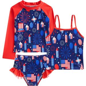 swimsobo Girls 3-Piece Swimsuit Long Sleeve Rash Guard Tankini Sets UPF Sun Proction Bathing Suit 3-10T (5T)