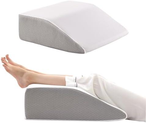 Bedluxe Leg Pillow, 8inch Leg Elevating Pillow for After Surgery, Blood Circulation, Leg Wedge Pillow for Side Sleeping, Leg Rest for Swelling, Cooling Gel Memory Foam Top, White/ Grey
