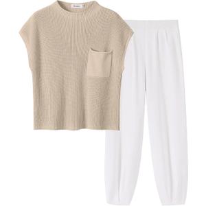 ANRABESS Women Two Piece Outfits Summer Sweater Vest Crop Top Pants Lounge Matching Set Travel Airport Beach Vacation Clothes (Small, Khaki White)