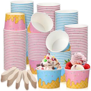Potchen 100 Pack Ice Cream Bowls Disposable 11 oz Paper Dessert Cups with Wooden Spoons Sundae Soup Containers for Summer Ice Cream Party Supplies Favors(Classic Style)