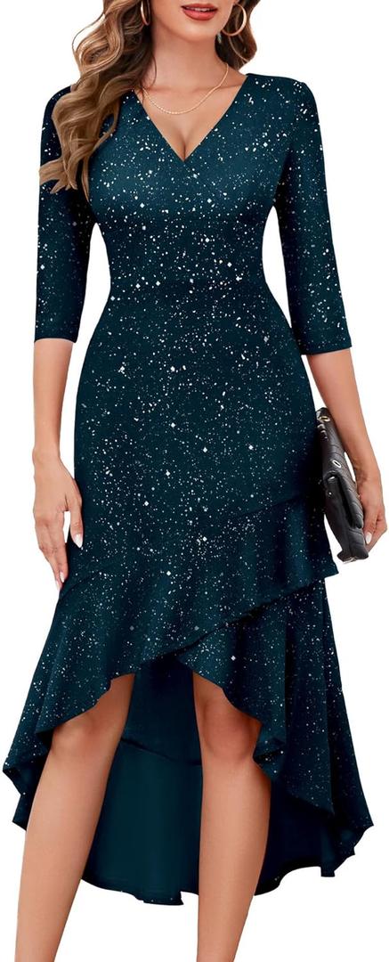 BeryLove Sequin Formal Cocktail Wedding Guest Dress Prom Sparkly Party Evening Gowns Ruffle Hi Low Midi Dresses (XX-Large, Darkblue)