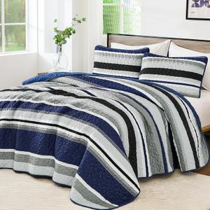 WONGS BEDDING Quilts Queen Size, Navy Blue Quilt Bedspread Bedding Set, Summer Queen Coverlet Sets with Shams, 3 Pieces Lightweight Striped Quilt for Bed(96"x 90")