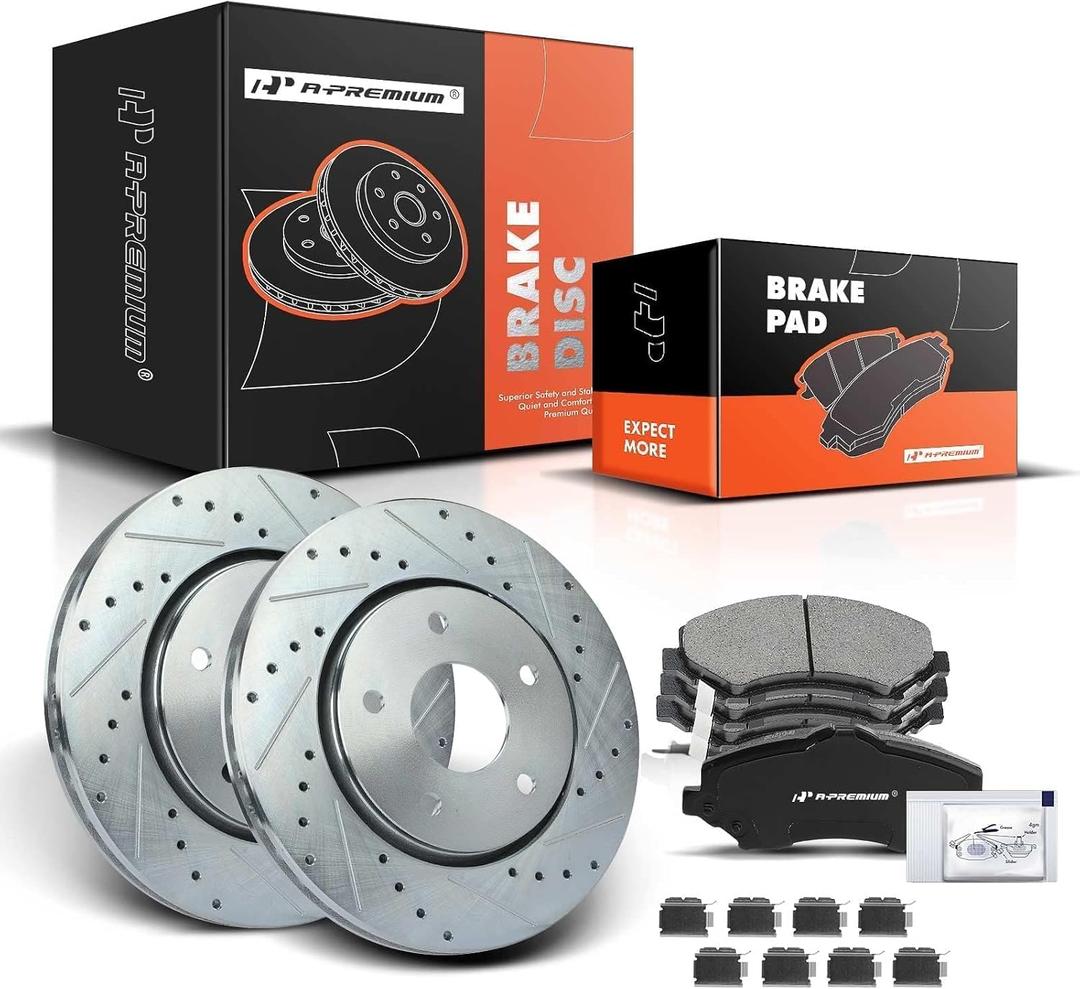A-Premium 11.88 in(301.8mm)Front Drilled and Slotted Disc Brake Rotors + Ceramic Pads Kit Compatible with Dodge, Ram, Chrysler & Volkswagen Models - Grand Caravan, Journey, Town & Country, Routan, C/V