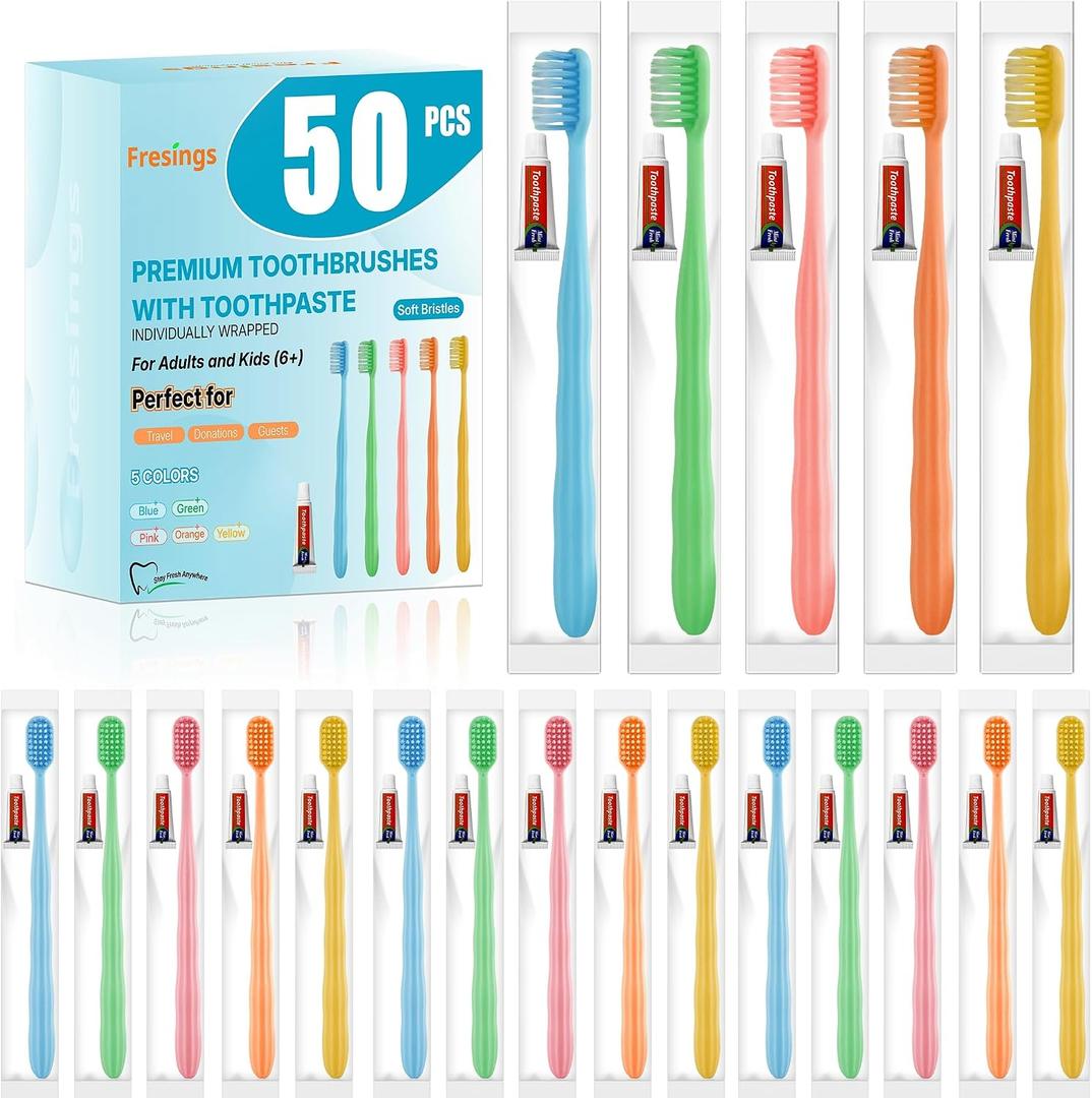 50 Pack Disposable Toothbrushes with Toothpaste, Individually Wrapped, Soft PBT Bristles, Peanut Grip Handle, Fluoride-Free, Bulk Travel Kit for Hotel, Guests, Emergency, Adults & Kids