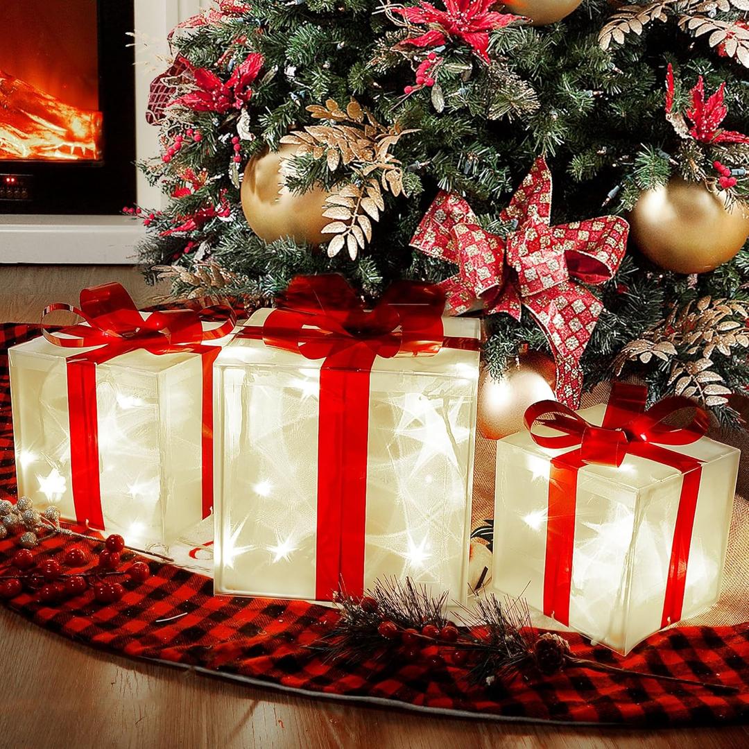 Lulu Home Christmas Box Decorations, 60 LEDs Light Up Boxes with Red Bows, Plug-in Warm White Lighted Xmas Boxes for Christmas Tree Holiday Party Indoor Outdoor Decors, Set of 3