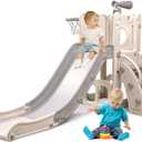 6 in 1 Toddler Playset with Slide,Toddler Slide,Slide for Kids with Basketball Hoop,Ball,Ring Toss,Kids Slide Toddler Playground Toddler Slide Indoor Outdoor Toys (White Grey)