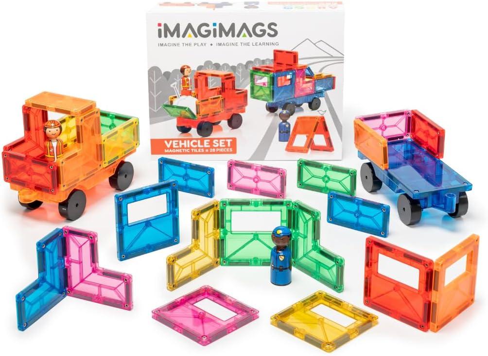 Magnetic Building Tiles, 28 Piece Vehicle Set for Boys Girls Kids, Educational Car Learning Activity Building Block Toddler Toys, STEM, Children Ages 3 Years +