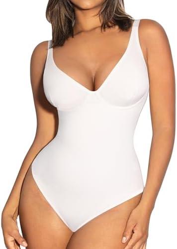 FeelinGirl Shapewear Bodysuits for Women Tummy Control Body Suits Deep V Neck Thong Body Shaper, White, L