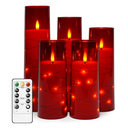 Flameless LED Candles with Timer 5 Pc Flickering Flameless Candles for Romantic Ambiance and Home Decoration Stable Acrylic Shell,with Embedded Star String，Battery Operated Candles（Red）