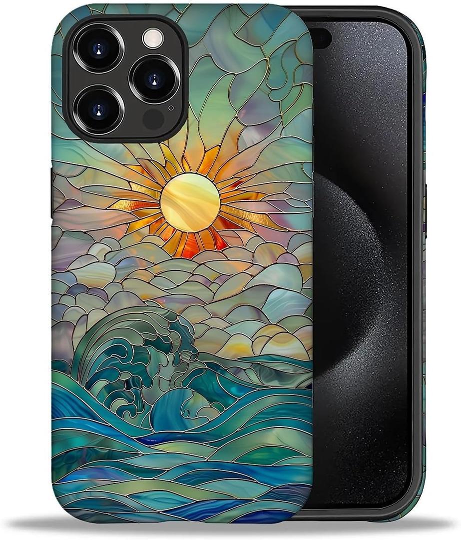DAIZAG Compatible with iPhone 16 Pro Max Case,Sun Rays Ocean Waves Stained Glass Full Pattern Plastic Soft TPU,Double Protection Corner Case for iPhone 16 Pro Max