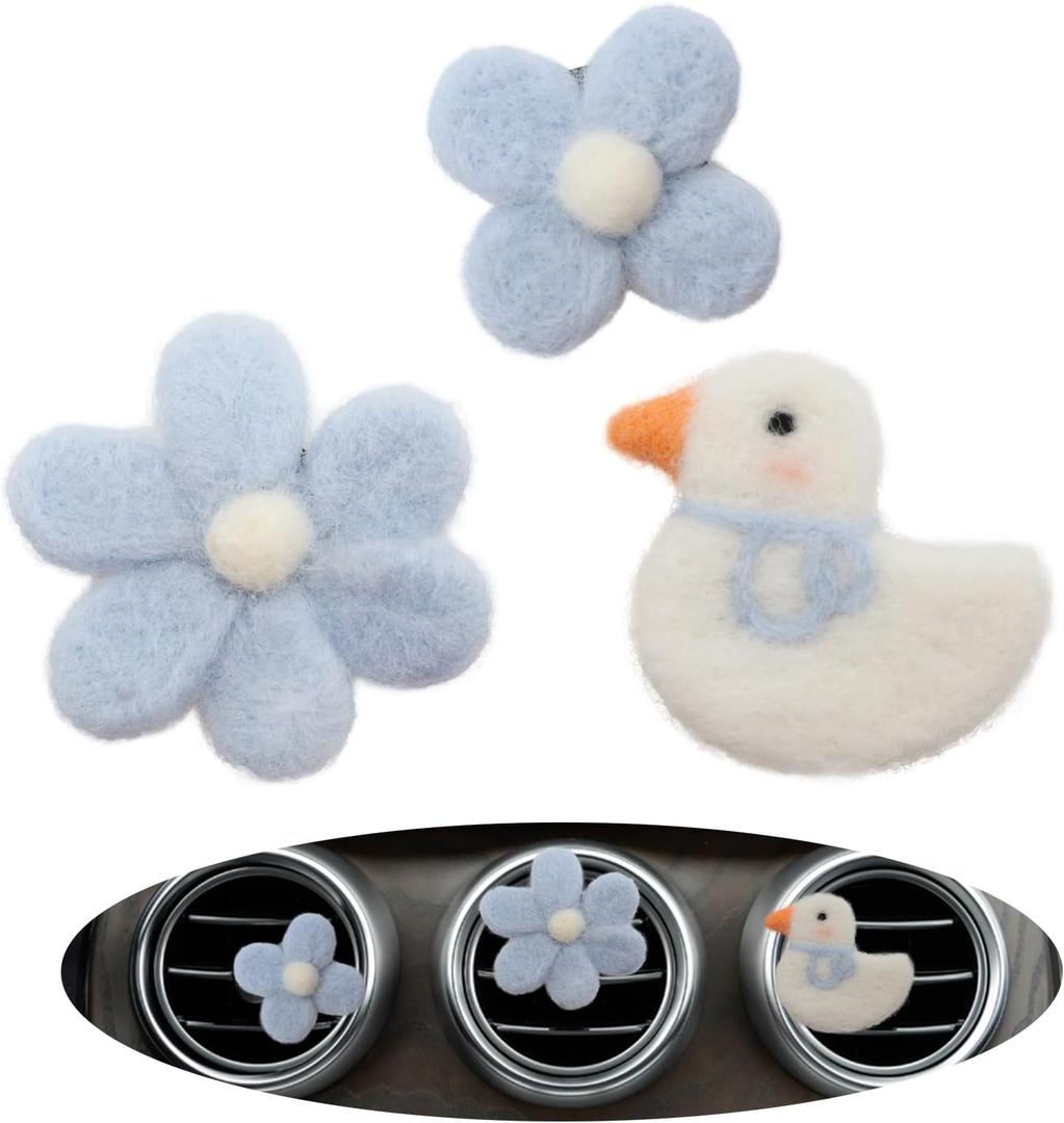 Cute Car Accessories,Duck Flower Air Vent Clips,Handmade Wool Felt Aroma Diffuser,Refillable Girly Car Air Freshener,3pcs White Blue Car Decor