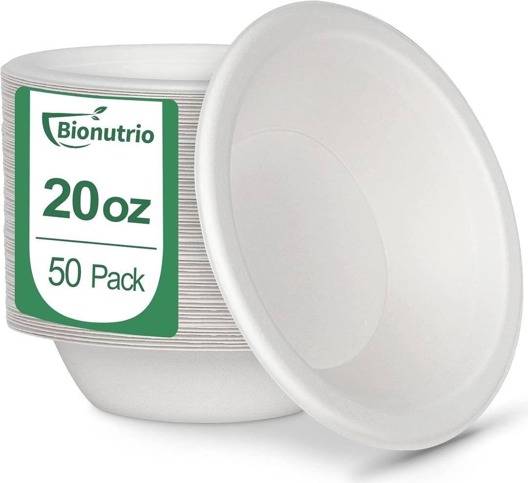 20oz Disposable Heavy Duty Paper Bowls - 50 Pack Compostable Biodegradable White Bagasse Bowls for Hot & Cold Food