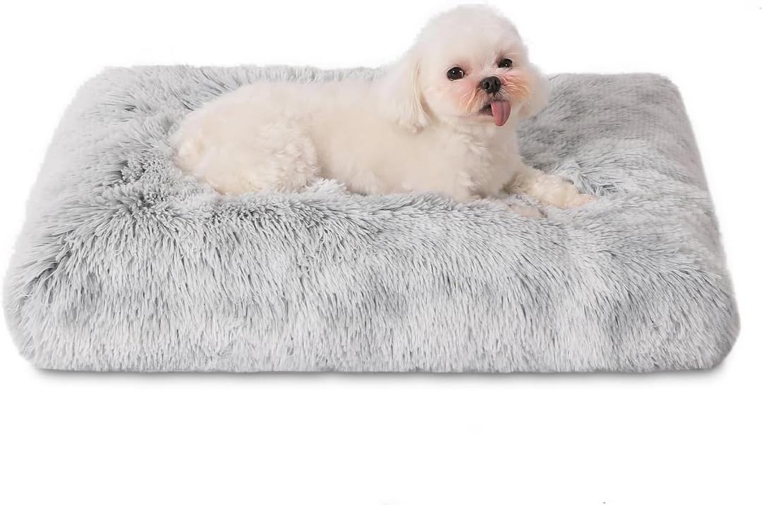 Bedfolks Waterproof Crate Bed, Plush Dog & Cat Bed with Removable Washable Cover, Faux Fur Kennel Pad, 17"x12", Grey (XX-Small(17x12''))