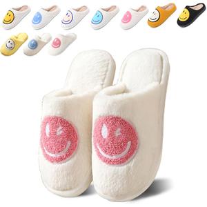 Happy Face Slippers for Women Retro Preppy Slipper for men Comfy Warm Plush Slip-On House Slipper Winter Indoor Non-slip Soft Fluffy Shoes (6.5-7.5 Women/6-7 Men, New Pink)