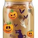 Spooky Halloween Glass Tumbler 16oz - Pumpkin Ghost Skull Cat Design w/Lid & Straw | Goth Fall Cup,Gift for Her, Women & Teens
