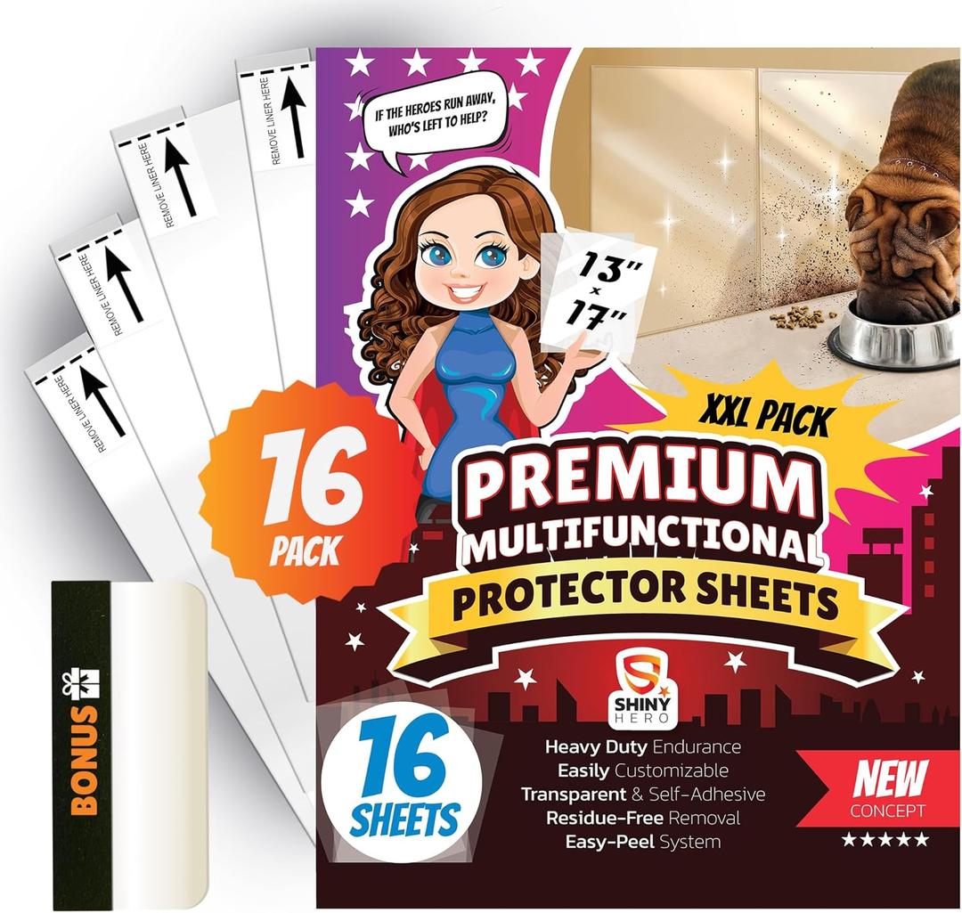 2 x 16Pack - Clear Wall & Door Protector from Dog Scratching - Anti Cat Couch Guard Plastic Sheets, Furniture Self-Adhesive Removable Sticky Tape, Transparent Thick Sofa Scratch Deterrent Frame Cover Film