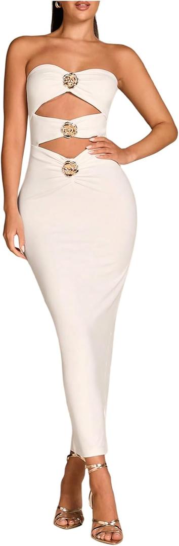 Milumia Women's Metal Flower Cut Out Strapless Tube Top Dress Sleeveless Bodycon Maxi Dresses Wedding Party Cocktail (Large, White)