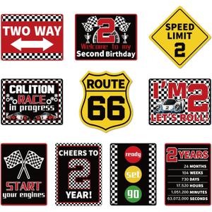 Two Fast Birthday Decorations for Boys, Set of 10 2nd Race Car Wall Signs Funny Tags for 2 Year Old Party Decor Table Centerpieces Door Wall Windows Signs Picture Props for Boys