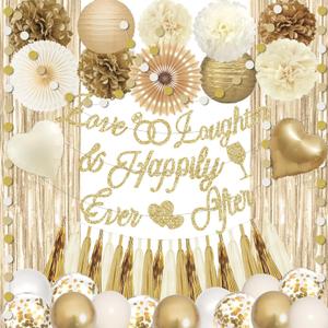 Champagne White Gold Bridal Shower Decorations, Bachelorette Party Decorations Love Laughter Happily Ever After Banner Foil Balloons Paper Pompoms Fans Tassel Foil Curtain for Wedding Party Decor