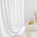 Extra Long Boho Farmhouse Shower Curtain Woven Fabric 84 Inch White Shower Curtain, 72 x 84 Tufted Pleat Floral Puffs Textured Modern Minimalist Shower Curtain Set with Hooks for Bathroom