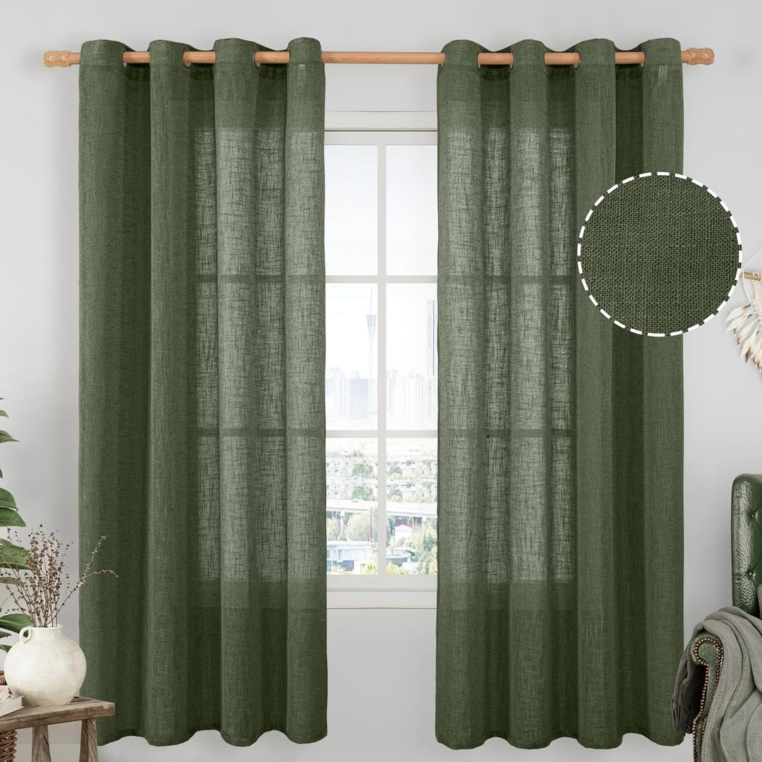LAMIT Olive Green Linen Curtains 72 inches Long for Living Room, Soft Thick Semi Sheer Light Filtering Bronze Grommet Window Treatments Neutral Drapes for Bedroom, 2 Panels Set, 52 x 72 Inch (52"W x 72"L (Pack of 2))