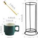 Stackable Coffee Mugs Set of 4 with Holder Spoons 11oz Ceramic Cappuccino Cups for Espresso Latte Tea Drinks, Dishwasher & Microwave Safe, Green