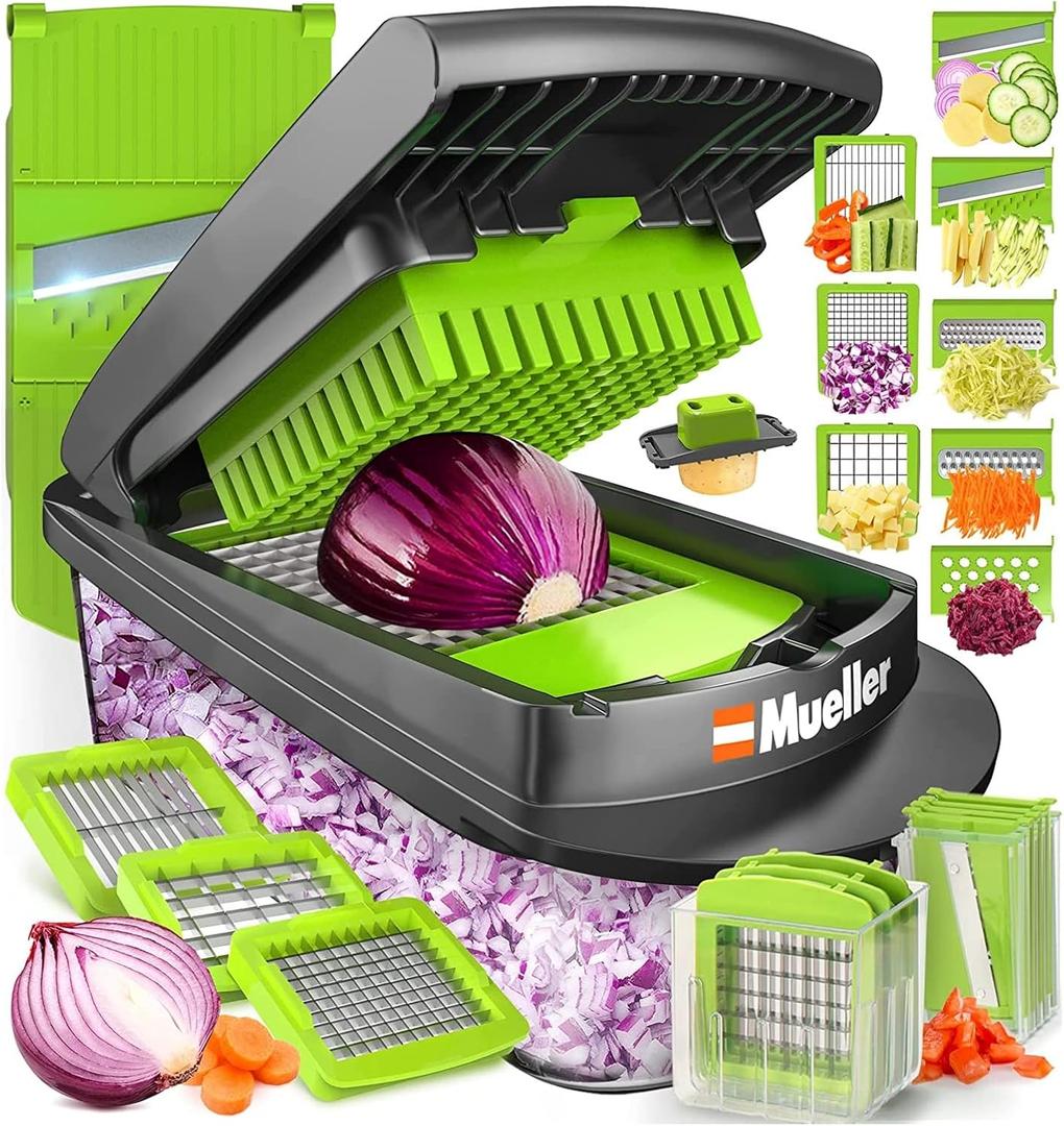 Muller Austria Pro Series Vegetable and Fruit Cutter 8 Blade Multi Function Vegetable Chopper Hand Food Cutter for Home Kitchen Onion, Carrot Potato, Fruit, Salad (Green-Gray)