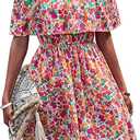 Off Shoulder Boho Floral Swing Mini Dress Summer Strapless Pleated Short Dress, XL, Orange Floral