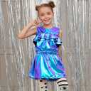 Perfashion Girls Metallic Wrap Skirt Sparkly Dance A-Line Elastic Waist Skirt with Sunglasses 3-13 Years (Blue-454)