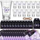 Pickmesh 50 Sets Black Purple Birthday Party Favors for Guests Souvenir Multicolor 50 Years Old Gift Bulk Acrylic Clear 1.2oz Shot Glasses with Thank You Cards and Gift Bags, 40/50/60/70th Birthday