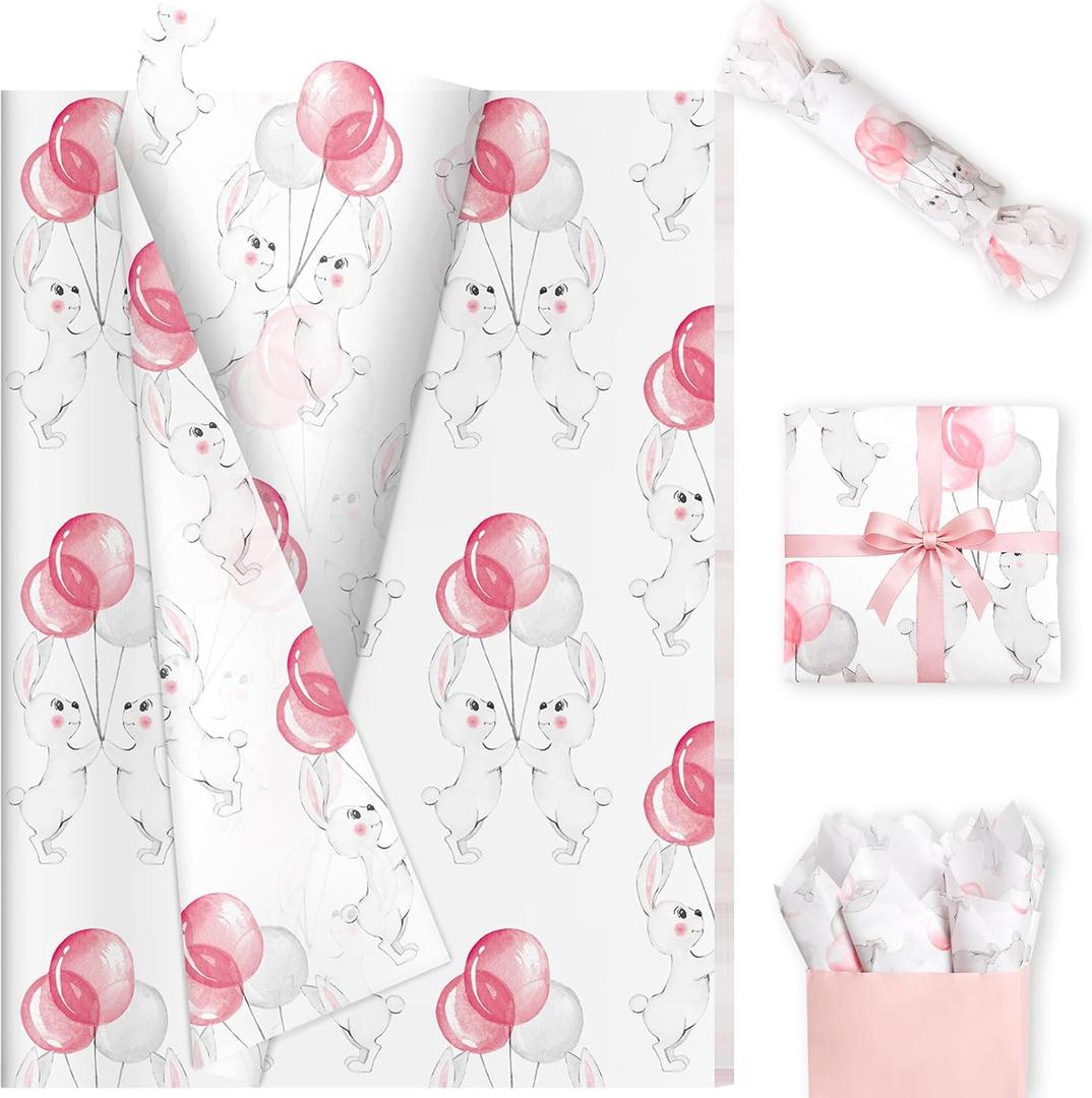 60 Sheets Easter Bunny Ballon Tissue Paper Bluk, 20 x 14'' Preppy Bunny Ballon Patterns Wrapping Paper for Spring Easter Birthday Gift Bag Supplies