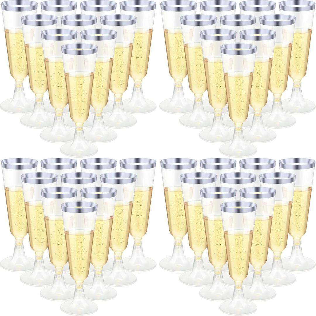 Chengu 150 Pcs Champagne Flutes 5 Oz Plastic Disposable Champagne Flutes Crystal Wine Glasses Reusable Plastic Cocktail Cups for Wedding Celebration Birthday Party Toasting Drinking (Silver)