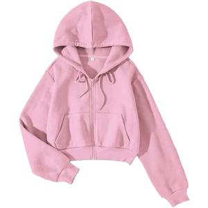 LOFAAC Women Fleece Full Zip Up Cropped Hoodie Sweatshirt 90s Long Sleeve Drawstring Hooded Crop Jacket Top with Pockets (Pink, S)