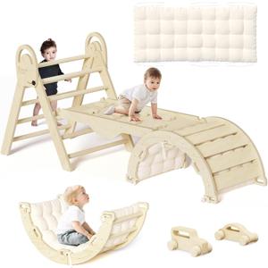 ElegantCrafts Pikler Triangle Set with Cushion, Montessori Climbing Set, Indoor Climb Toys, Indoor Playground Jungle Gyms, 9 Combinations Climbing Toy Set for Toddler, Baby, Kids 1-4, Nature